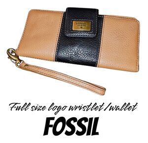 Fossil Brown Black Leather Snap Bifold Logo ID Credit Cards Boho Wristlet Wallet
